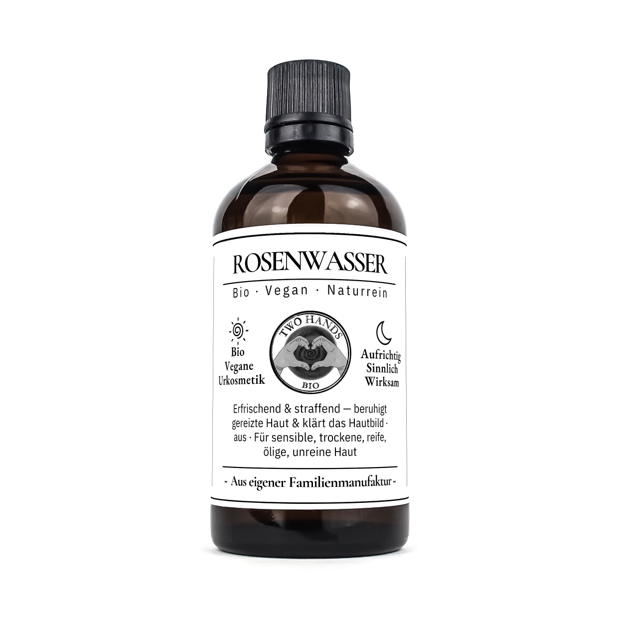 Braunglasflasche mit Tropfverschluss und weissem Etikett, 100 ml Rosenwasser