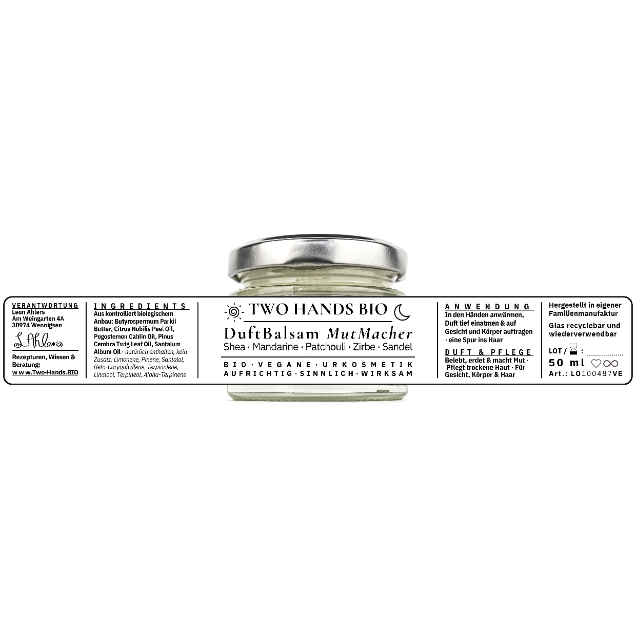 DuftBalsam MutMacher, 50 ml Glastiegel mit ausgebreitetem Etikett: Ingredients, Anwendung, Duft & Pflege