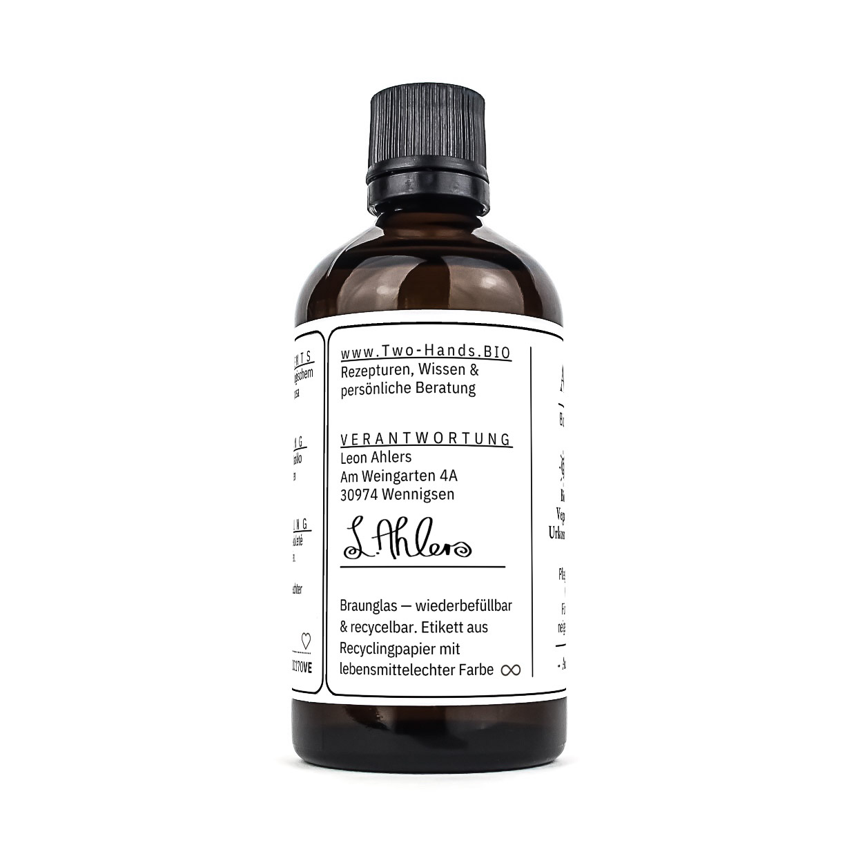 Braunglasflasche seitlich gedreht, Etikett mit Verantwortung, Unterschrift und Verpackungshinweis, 100 ml Arganoel