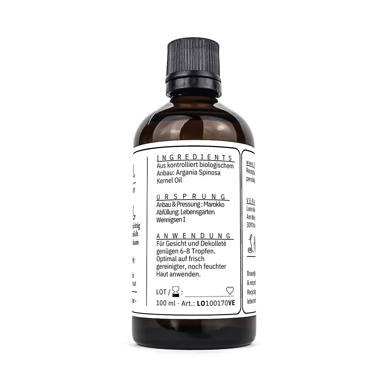 Braunglasflasche seitlich gedreht, Etikett mit Ingredients, Ursprung und Anwendung, 100 ml Arganoel