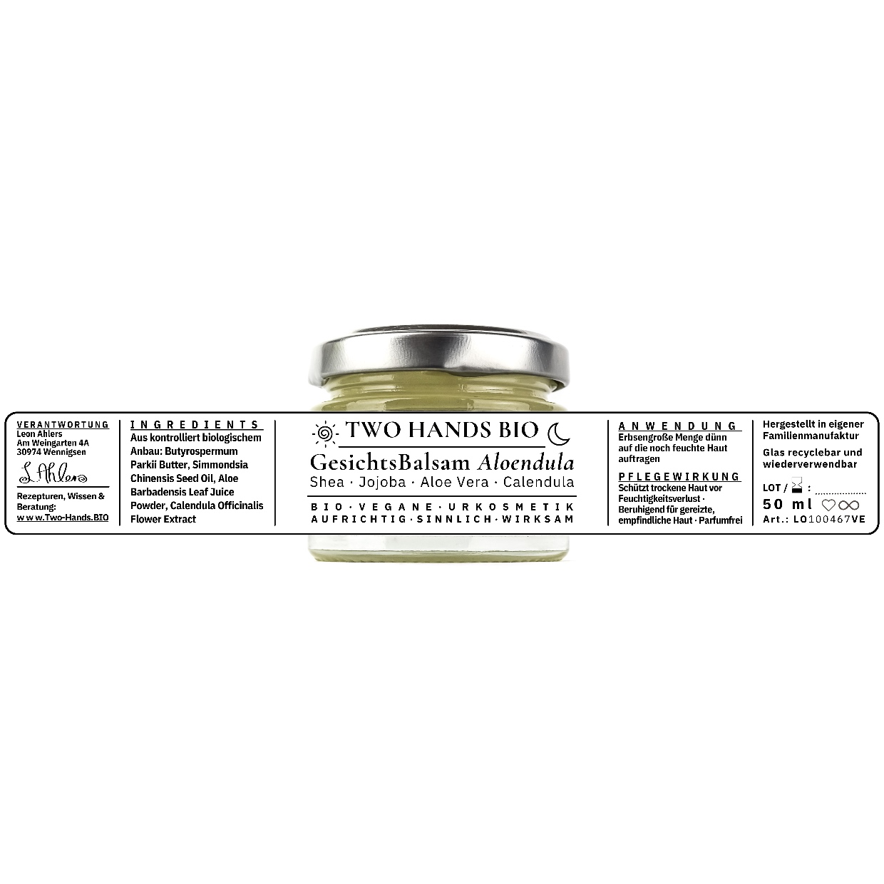 GesichtsBalsam Aloendula, 50 ml, mit ausgebreitetem Etikett: Inhaltsstoffe, Anwendung und Pflegewirkung