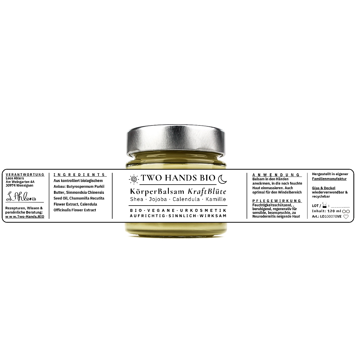 Glastiegel mit ausgebreitetem Etikett — Ingredients, Anwendung und Pflegewirkung, 120 ml KörperBalsam KraftBlüte