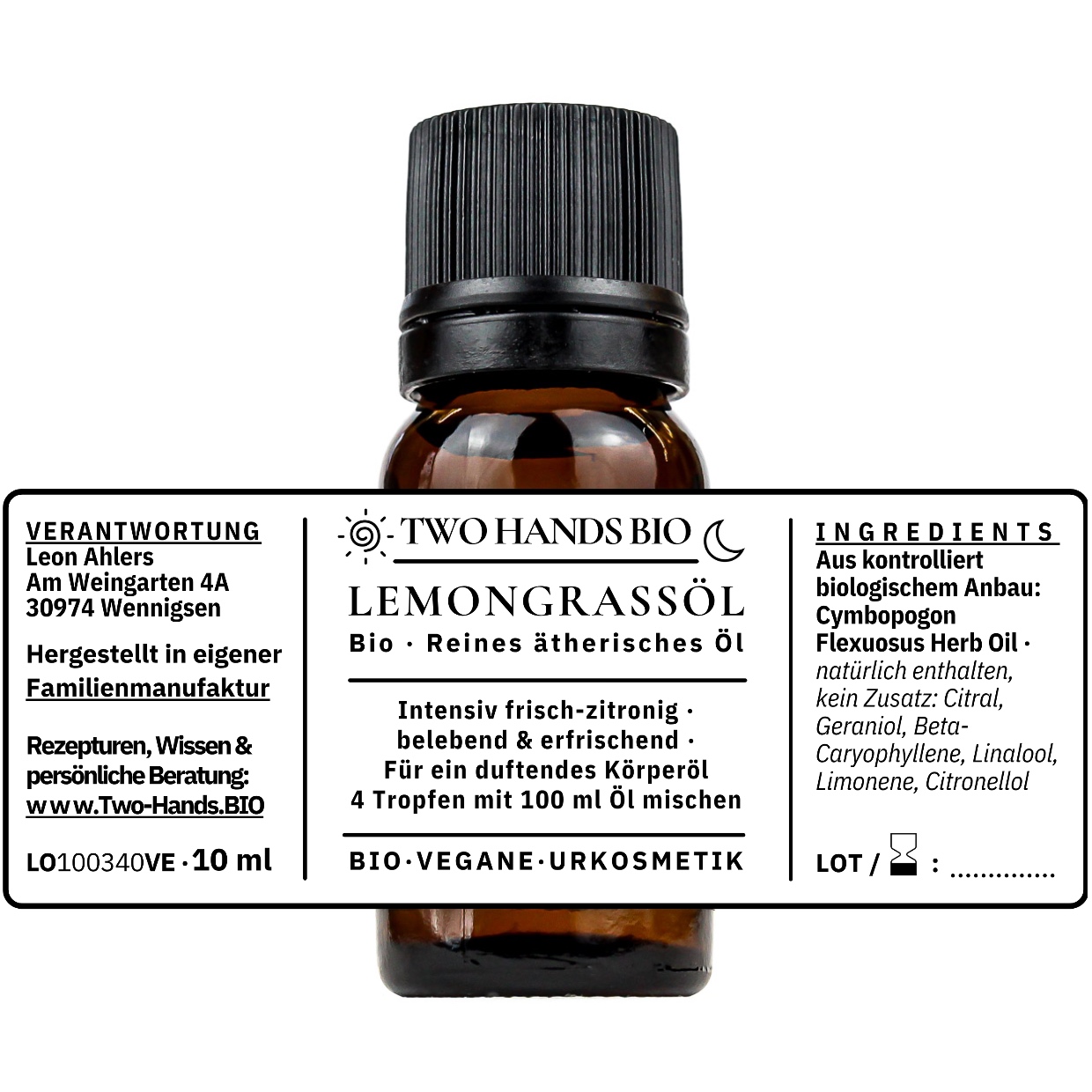 Lemongrassöl, 10 ml: Etikett ausgebreitet mit Inhaltsstoffen und Anwendung