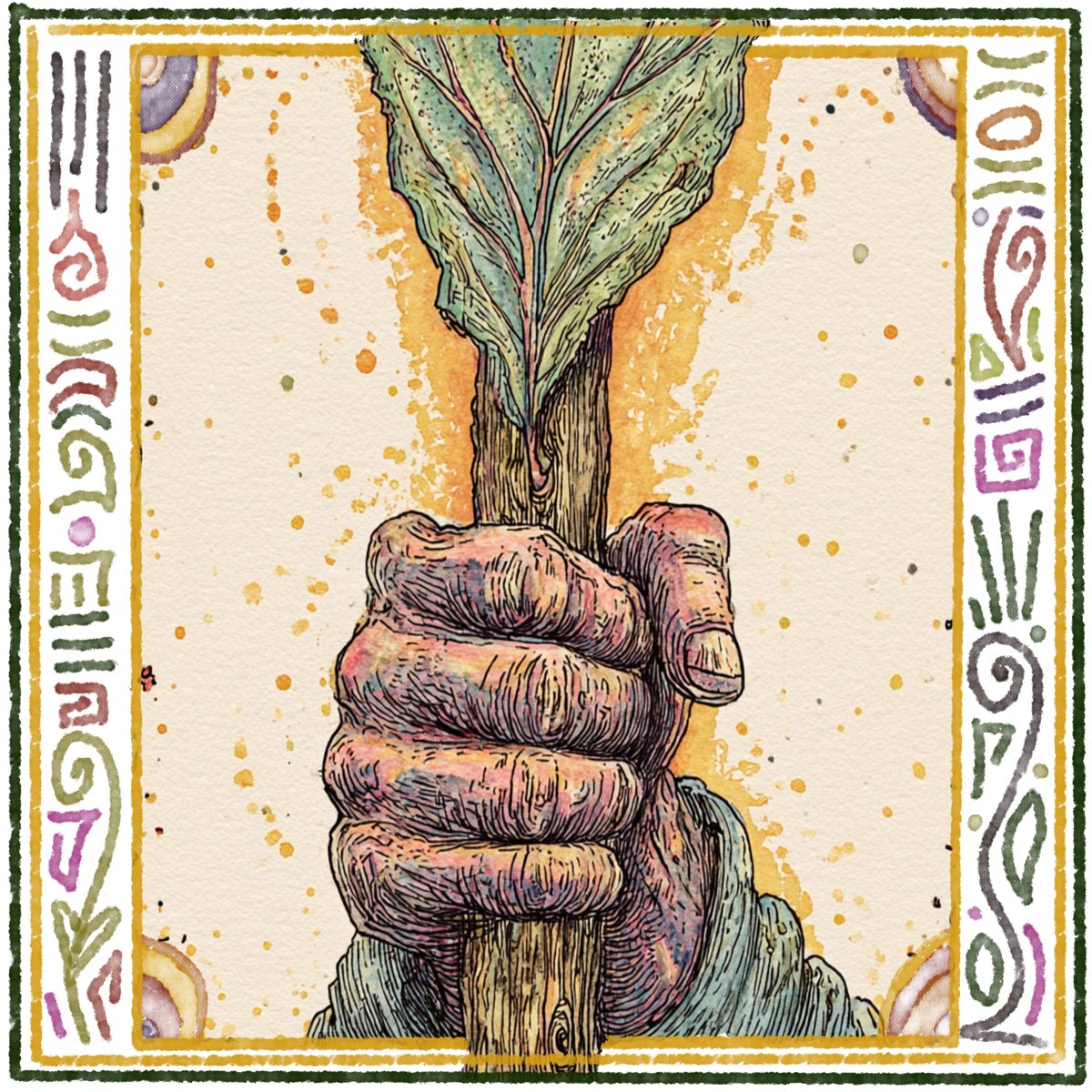 Der Stock wird zum grünen Schwert — Hand hält leuchtenden Stab