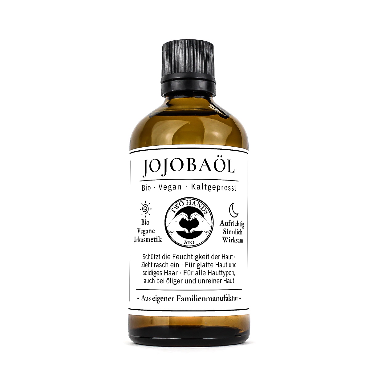 Braunglasflasche mit schwarzem Schraubverschluss und weißem Etikett, 100 ml Jojobaöl