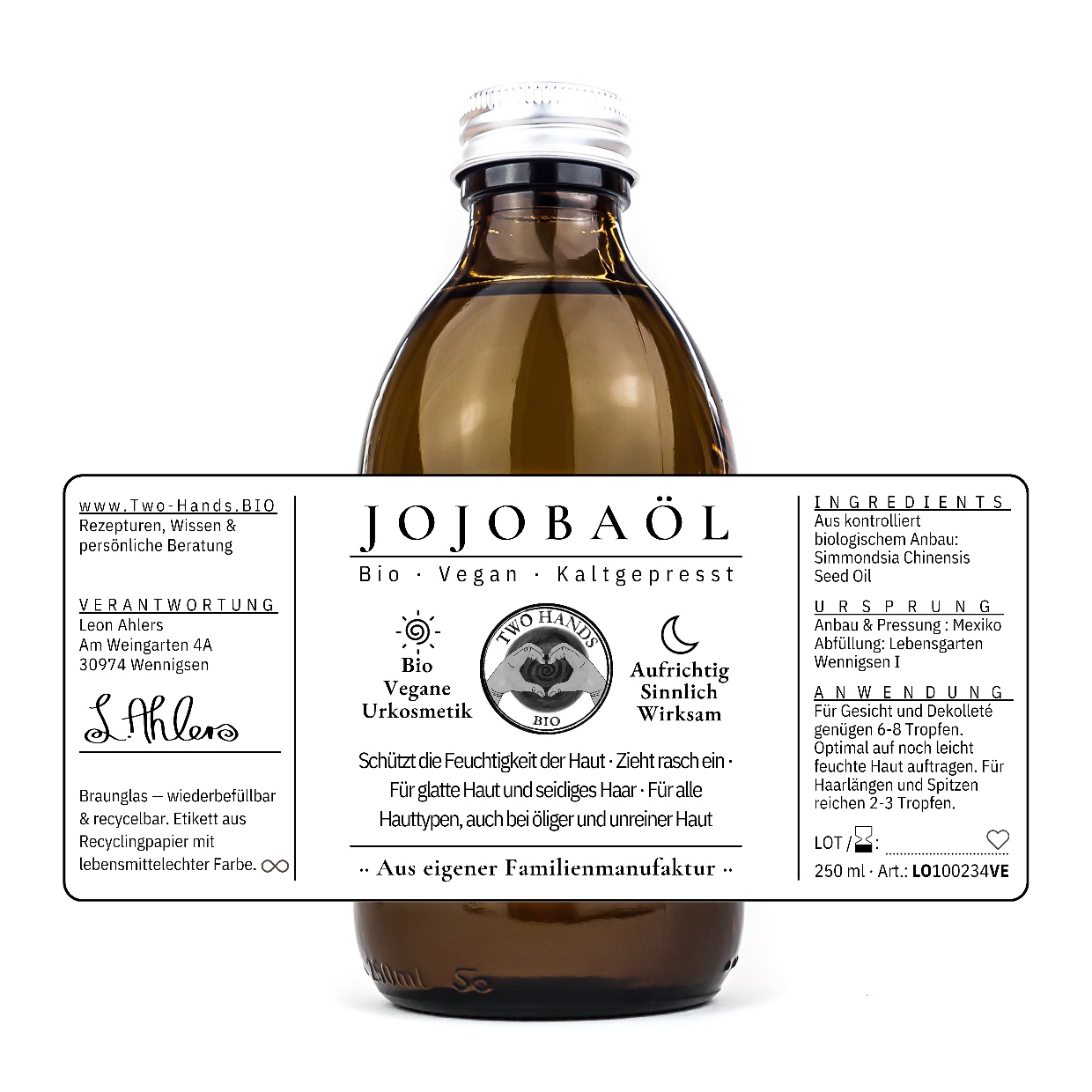 Braunglasflasche seitlich gedreht, Etikett mit Ingredients, Ursprung und Anwendung, 250 ml Jojobaöl