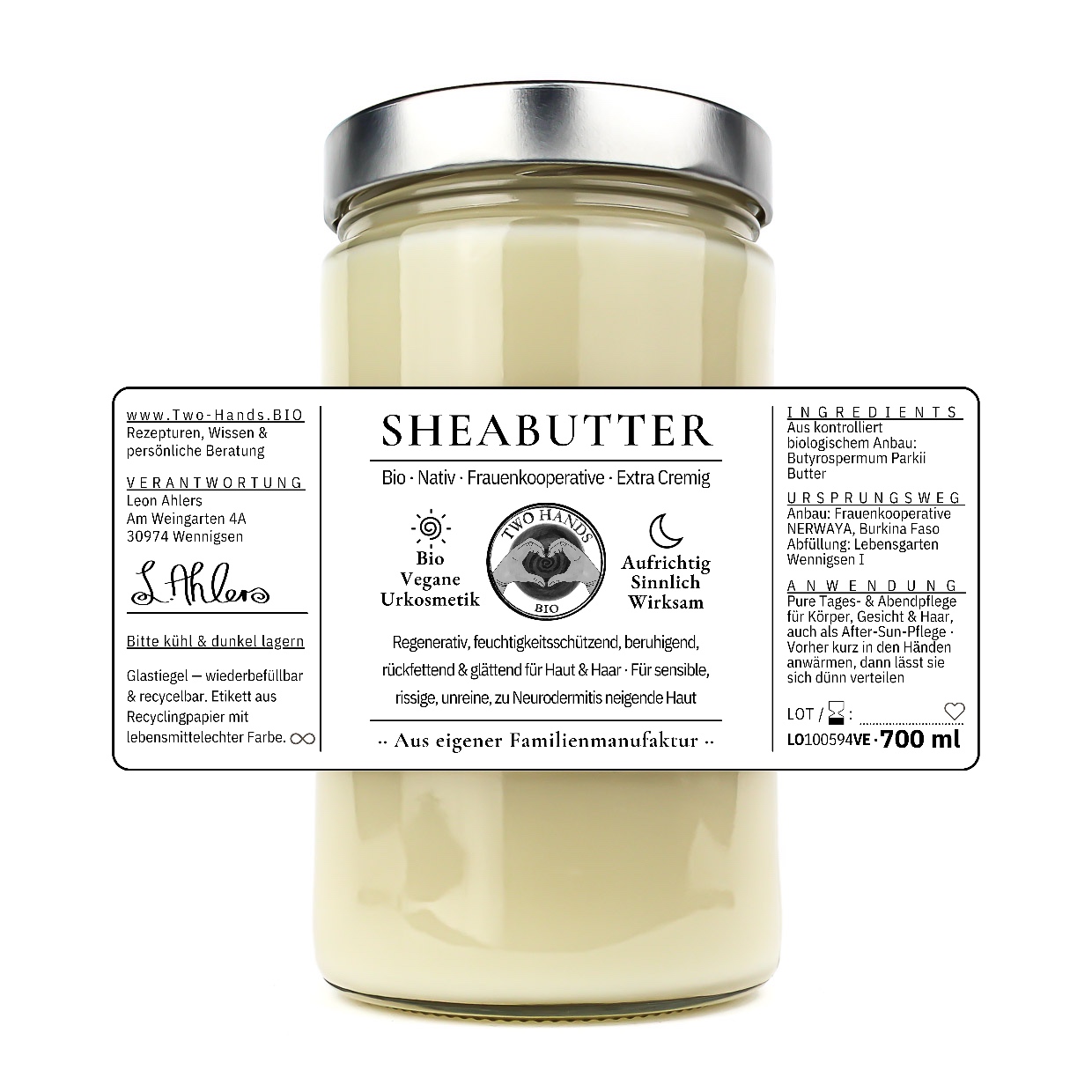 Sheabutter NATIV 700 ml mit ausgebreitetem Etikett und allen Inhaltsstoffen