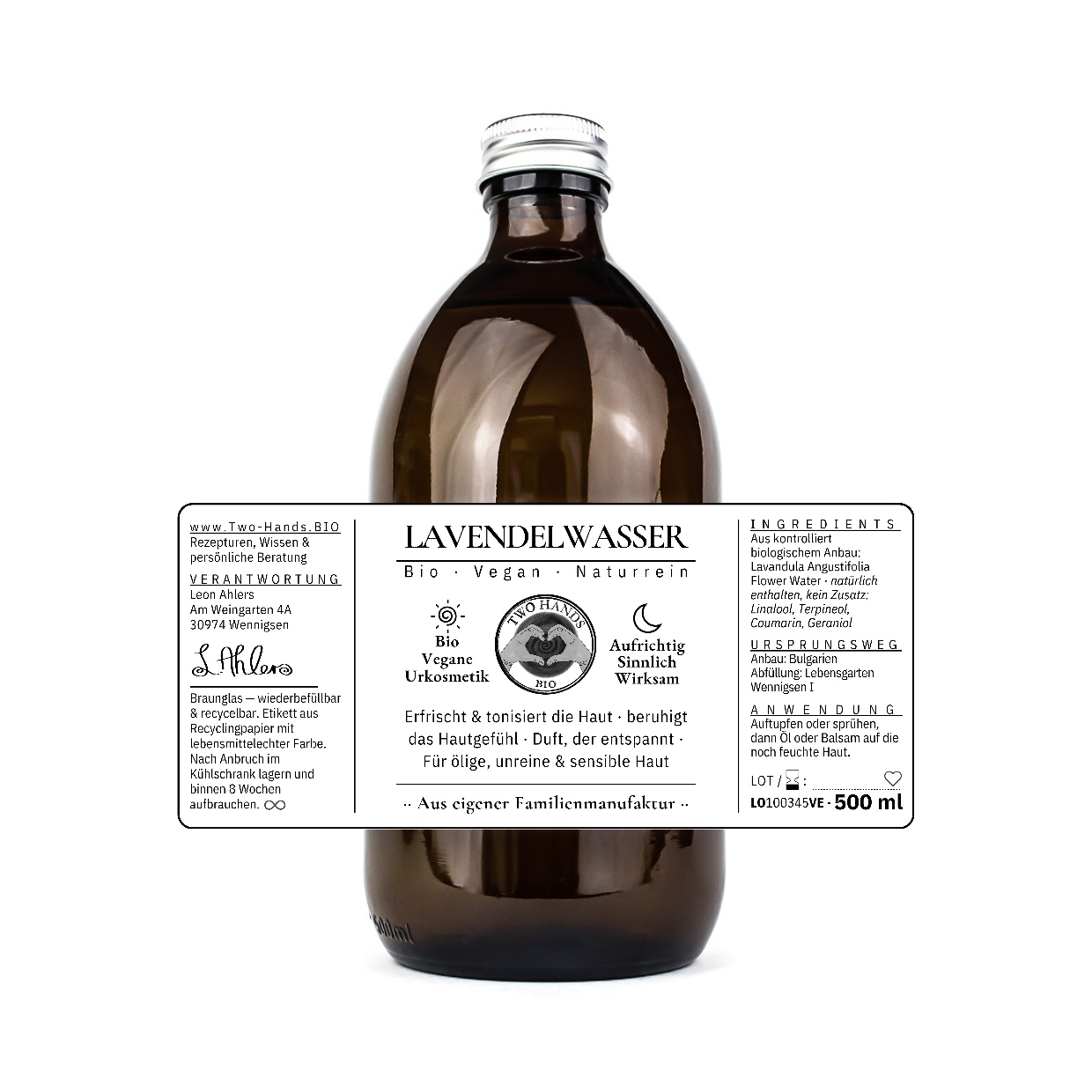 Lavendelwasser, Etikett mit Zutaten und Anwendung