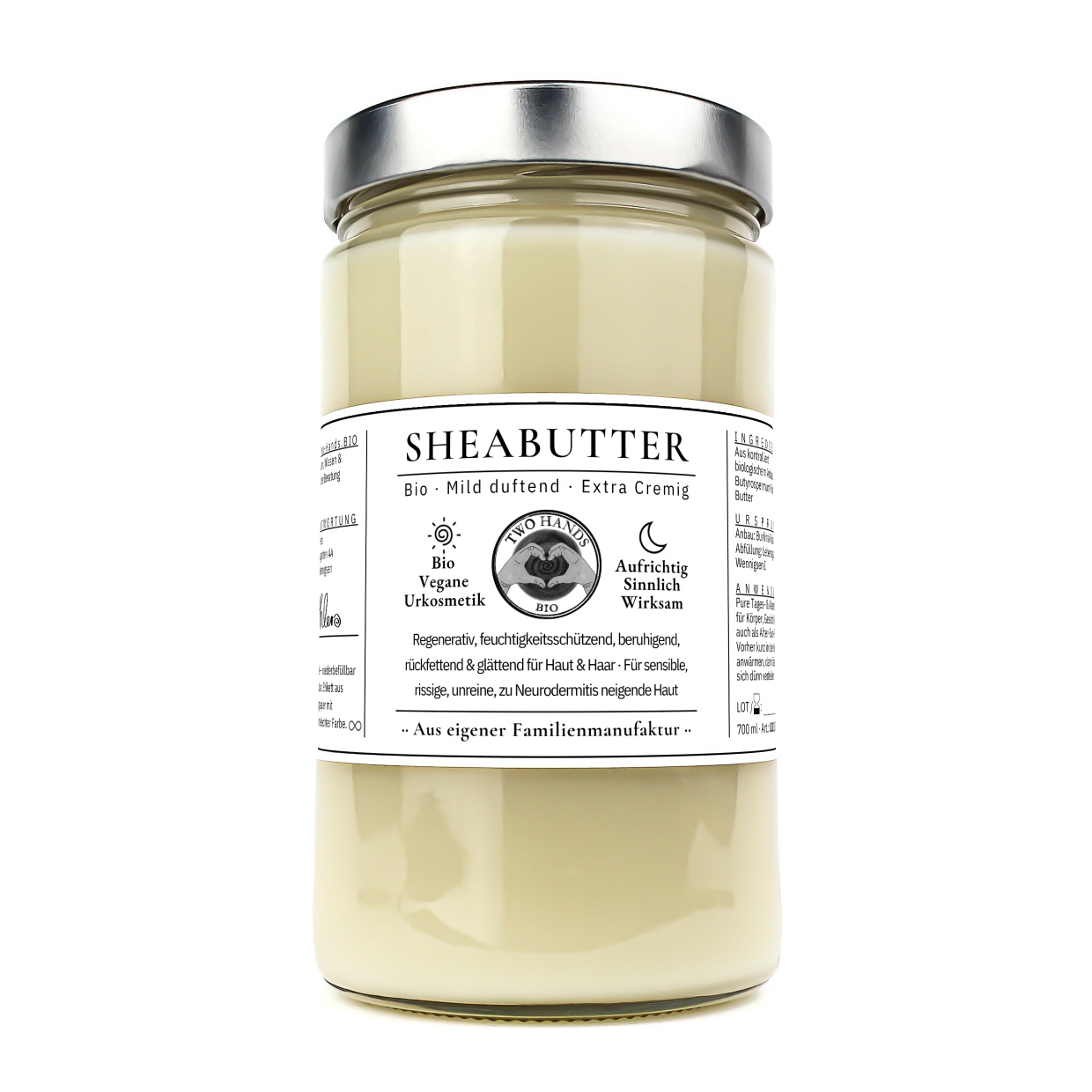 Glastiegel mit Metallverschluss, gefüllt mit cremefarbener Sheabutter, weisses Etikett als Banderole, 700 ml