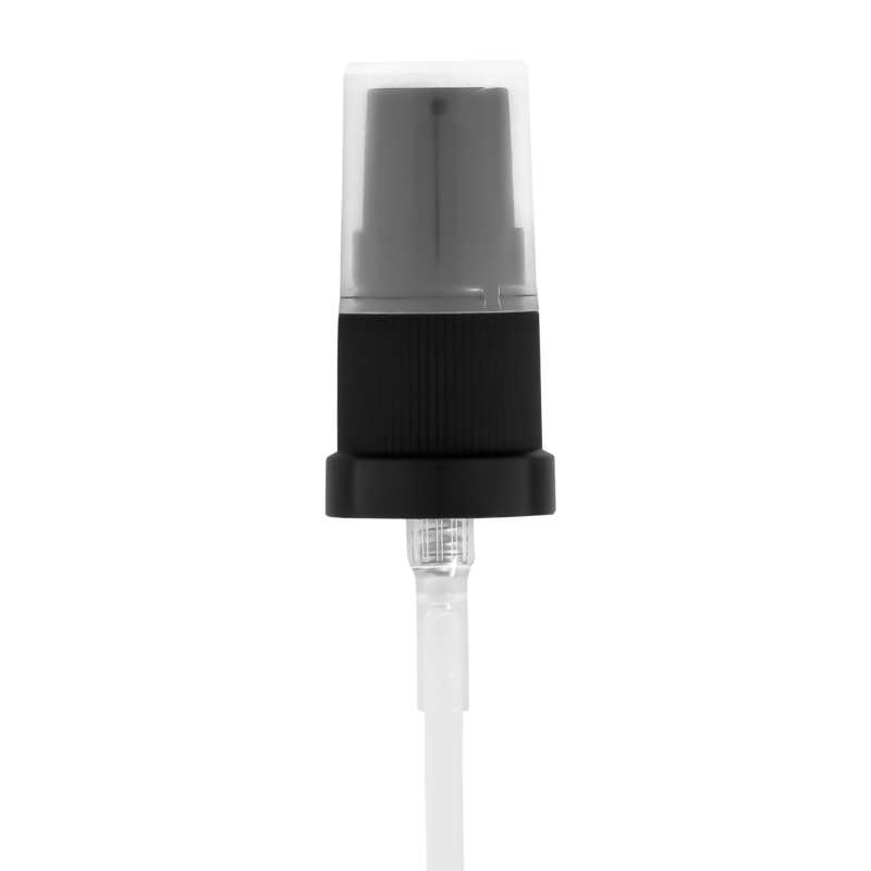 Schwarze Lotionpumpe für 100-ml-Braunglasflaschen mit klarer Schutzkappe und Ansaugschlauch