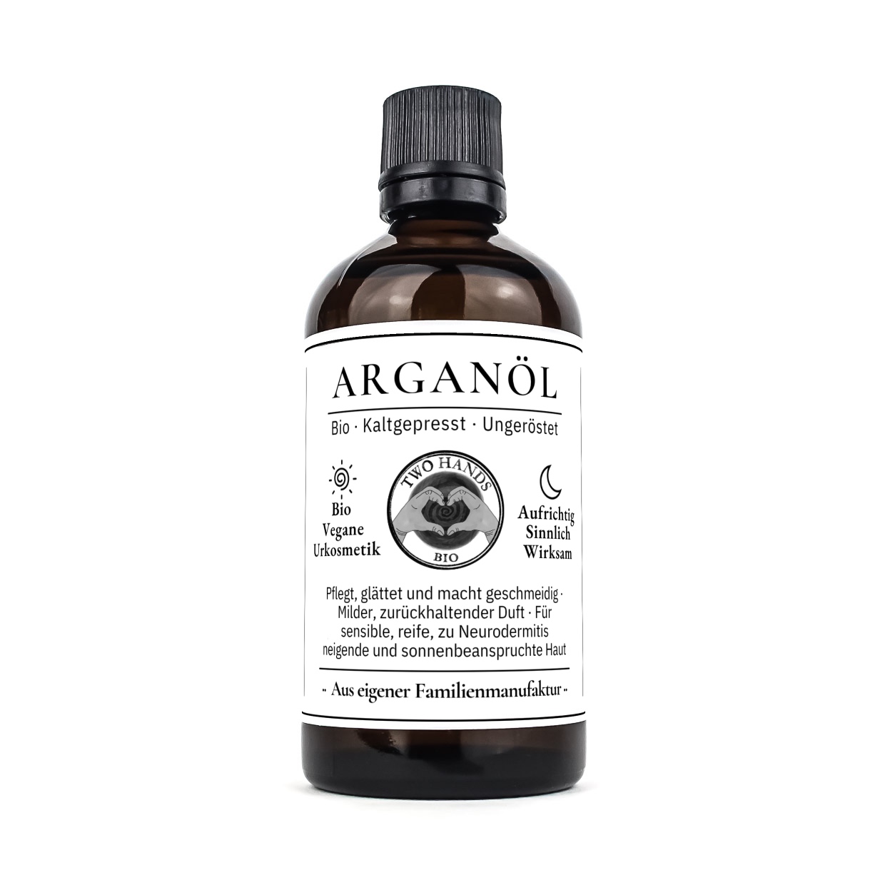 Braunglasflasche mit schwarzem Schraubverschluss und weissem Etikett, 100 ml Arganoel