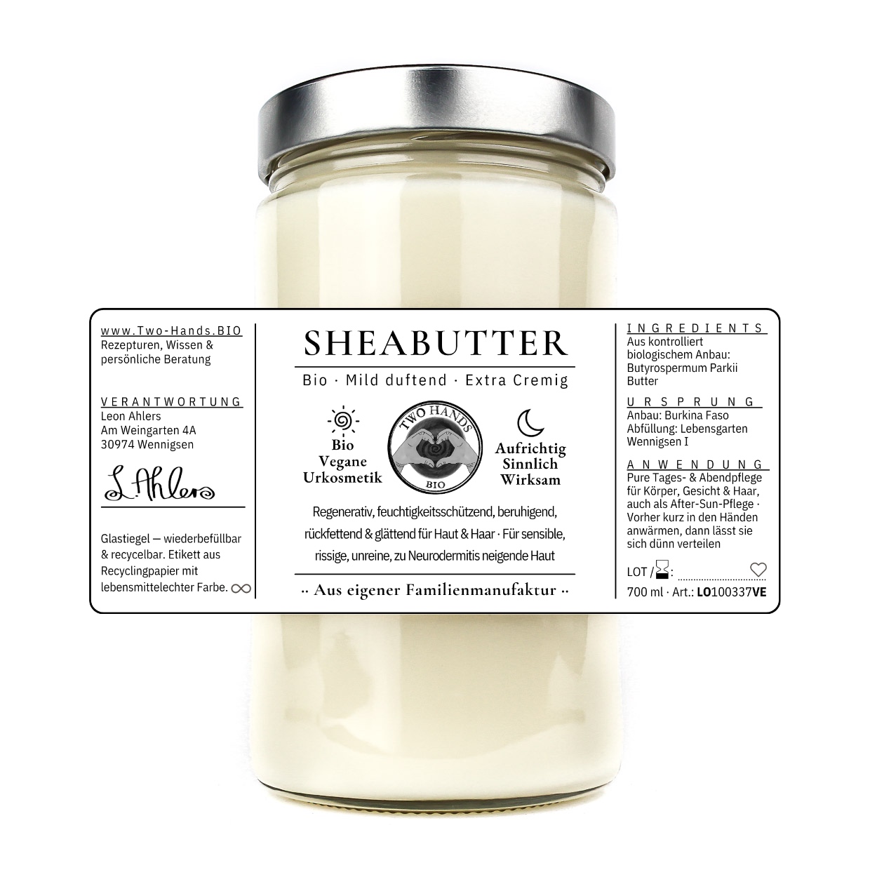 Sheabutter mild duftend 700 ml mit ausgebreitetem Etikett und allen Inhaltsstoffen