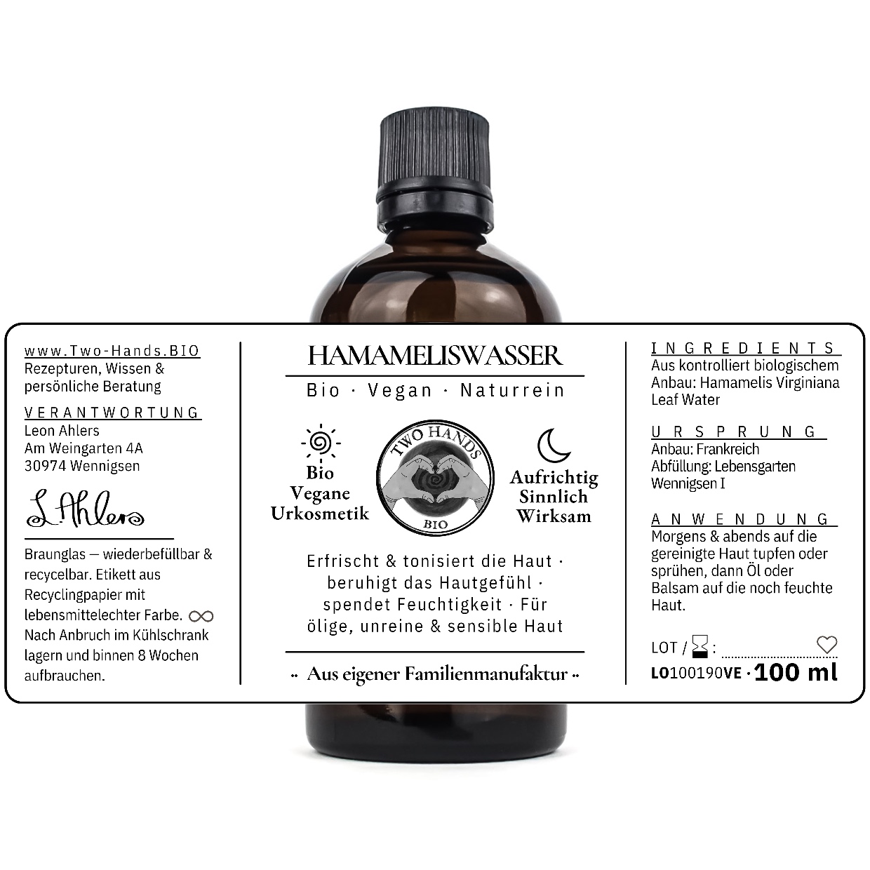 Hamameliswasser, 100 ml: Etikett ausgebreitet mit Inhaltsstoffen, Ursprung und Anwendung