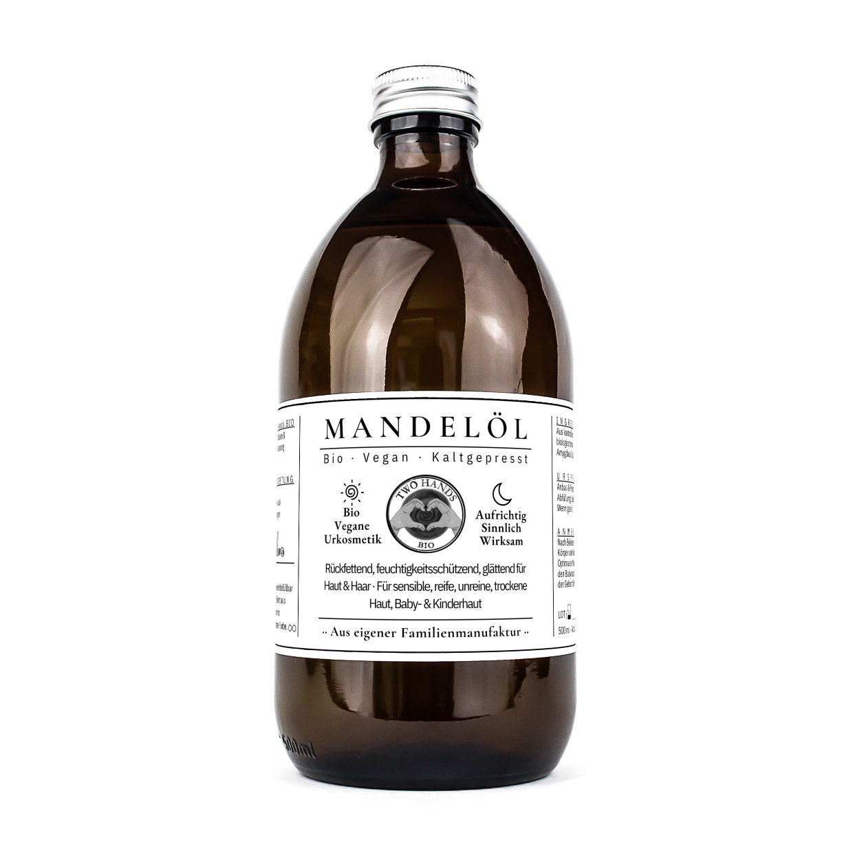 Mandelöl Bio kaltgepresst 500 ml in der Braunglasflasche mit Aluminiumverschluss