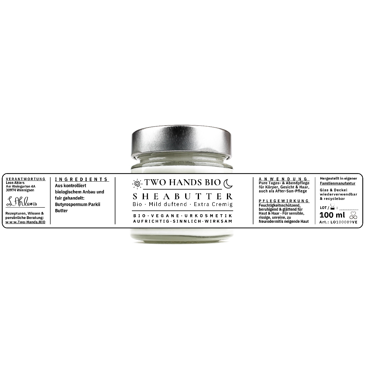 Sheabutter, 100 ml im Glastiegel mit ausgebreitetem Etikett: Inhaltsstoffe, Anwendung und Pflegewirkung