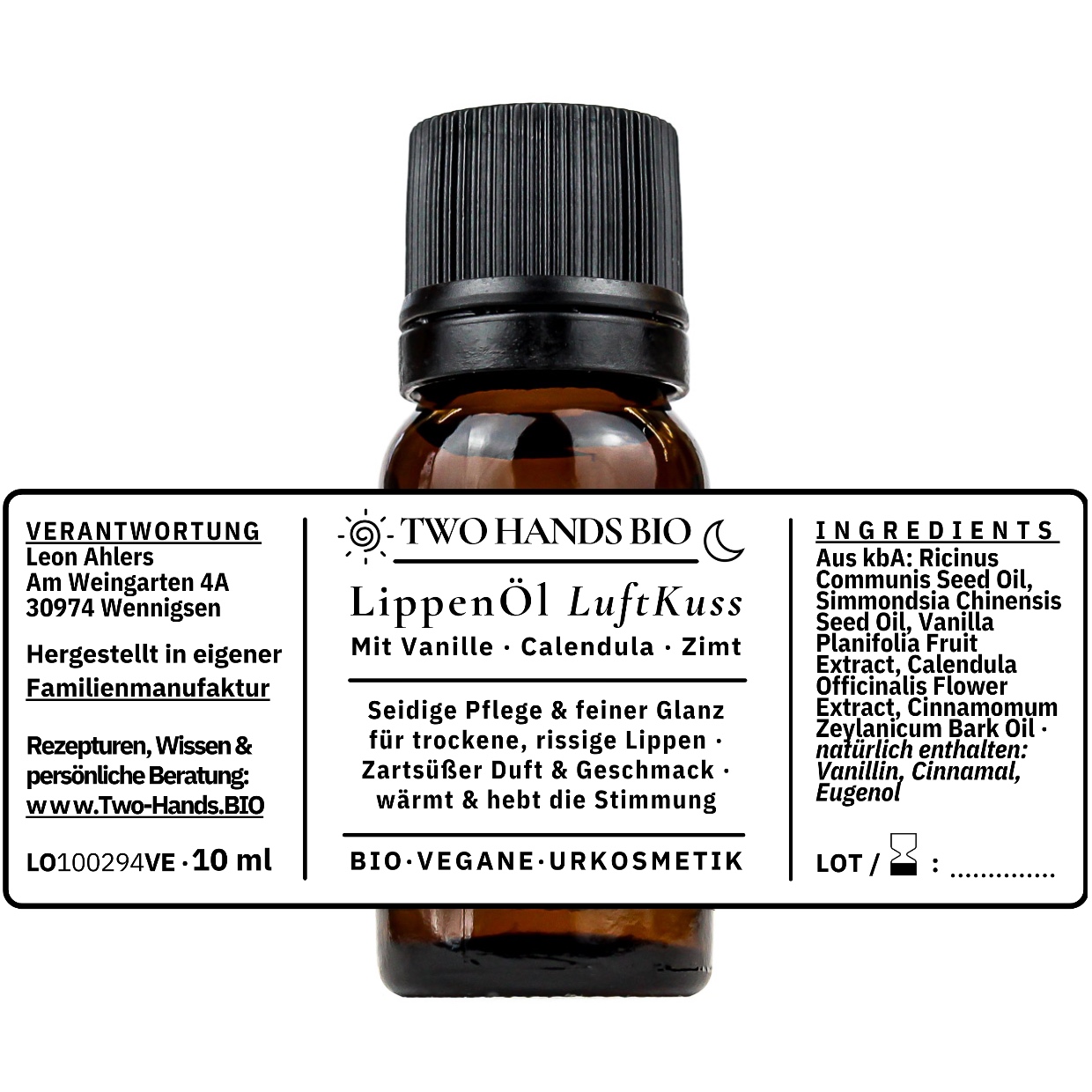 Lippenöl LuftKuss 10 ml mit ausgebreitetem Etikett und allen Inhaltsstoffen