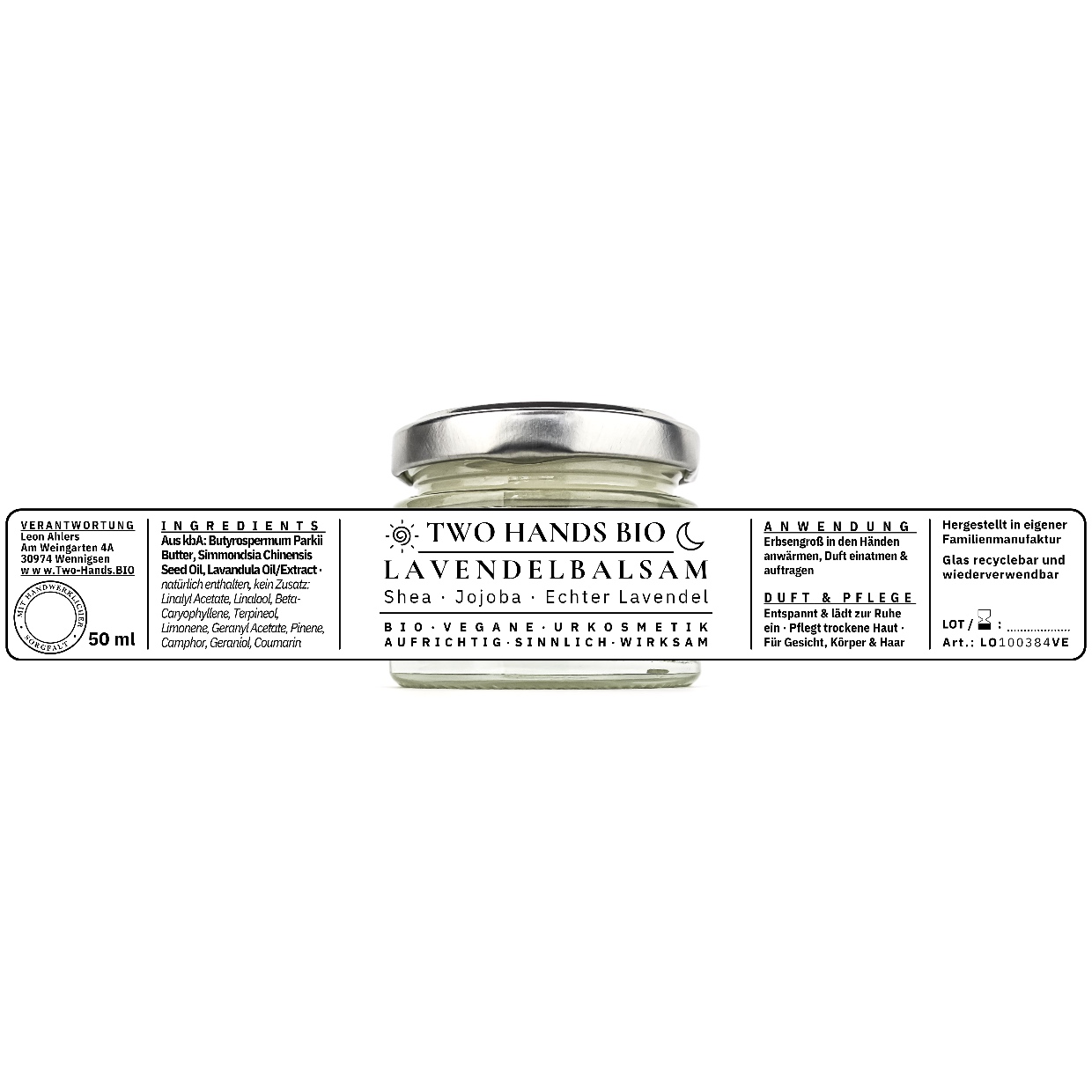 Lavendelbalsam 50 ml mit dem ausgebreiteten Etikett: Ingredients, Anwendung, Duft und Pflege