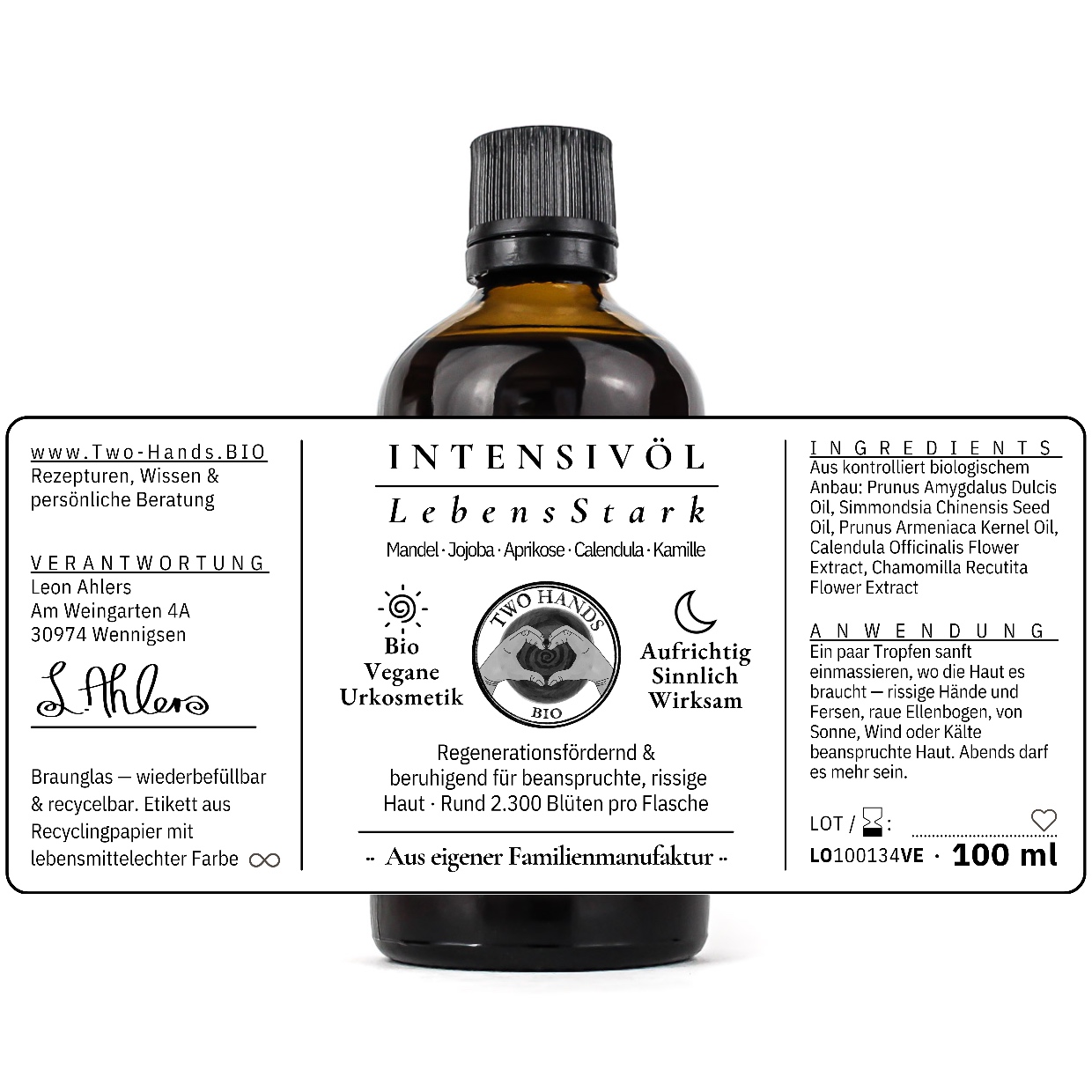 Intensivöl LebensStark, 100 ml, mit ausgebreitetem Etikett: Inhaltsstoffe und Anwendung