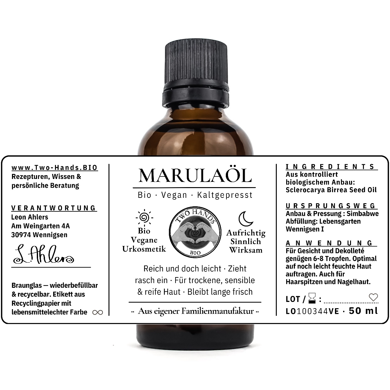 Marulaöl, 50 ml, mit ausgebreitetem Etikett: Inhaltsstoffe, Ursprungsweg und Anwendung