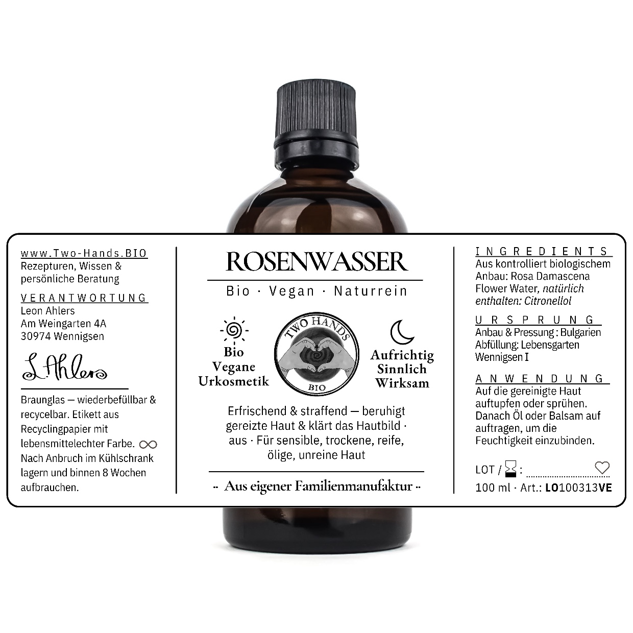 Braunglasflasche seitlich gedreht, Etikett mit Ingredients, Ursprung und Anwendung, 100 ml Rosenwasser