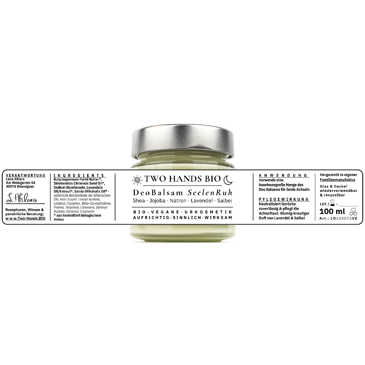 Etikett des Deo Balsam SeelenRuh, 100 ml, mit Zutaten, Anwendung und Pflegewirkung