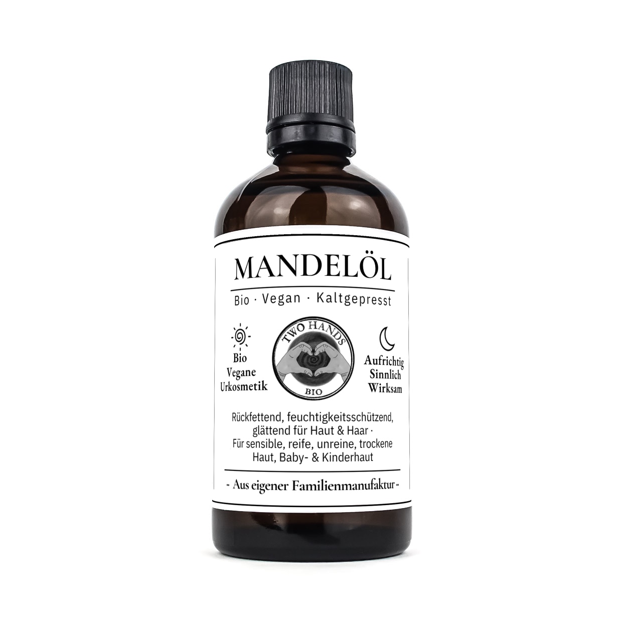 Braunglasflasche mit schwarzem Schraubverschluss und weissem Etikett, 100 ml Mandelöl