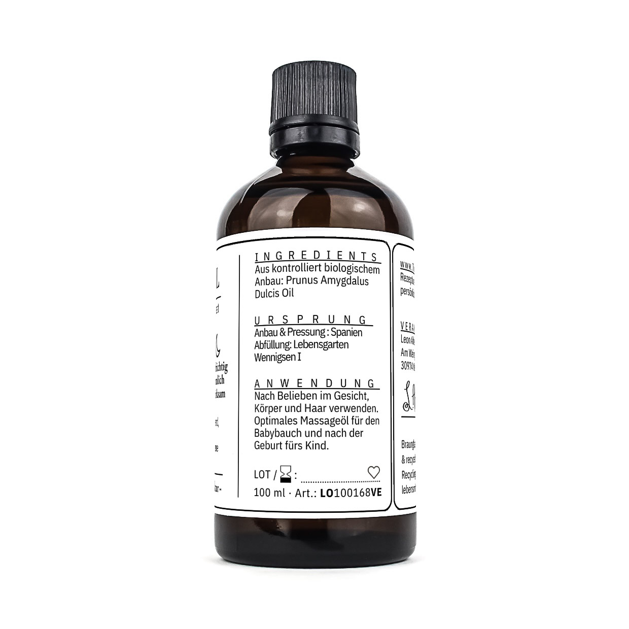Braunglasflasche seitlich gedreht, Etikett mit Ingredients, Ursprung und Anwendung, 100 ml Mandelöl