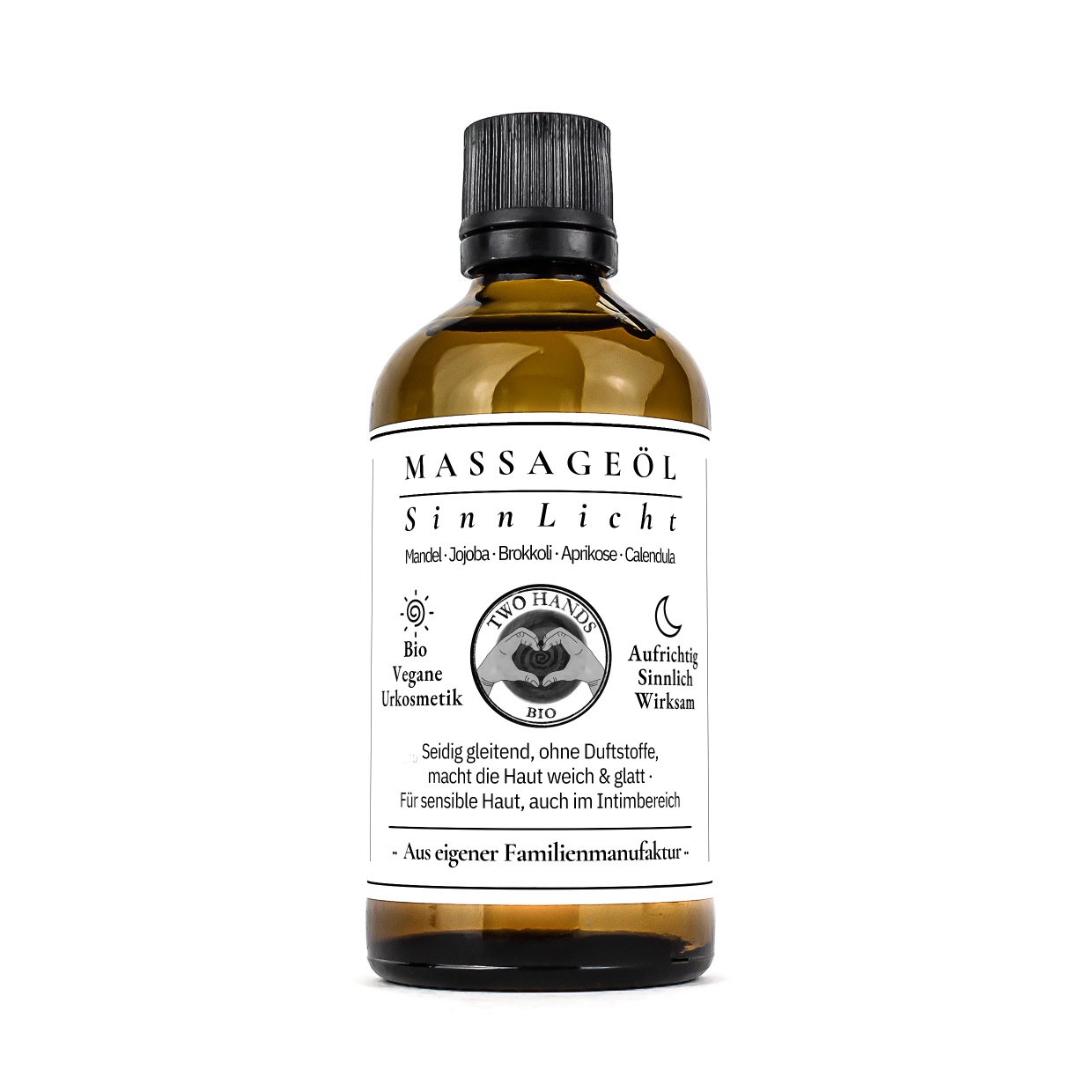 Massageöl SinnLicht, 100 ml in Braunglasflasche mit schwarzem Kunststoff-Deckel