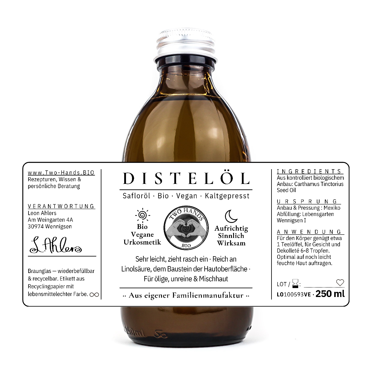 Distelöl, 250 ml, mit ausgebreitetem Etikett: Inhaltsstoffe, Ursprung und Anwendung