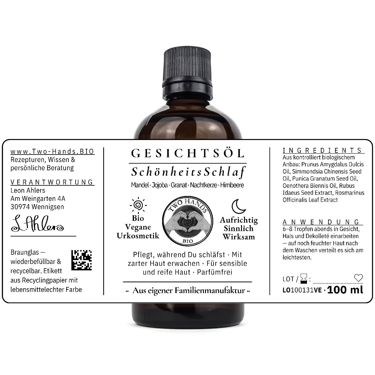 Etikett des Gesichtsöls SchönheitsSchlaf, 100 ml, mit Zutaten und Anwendung