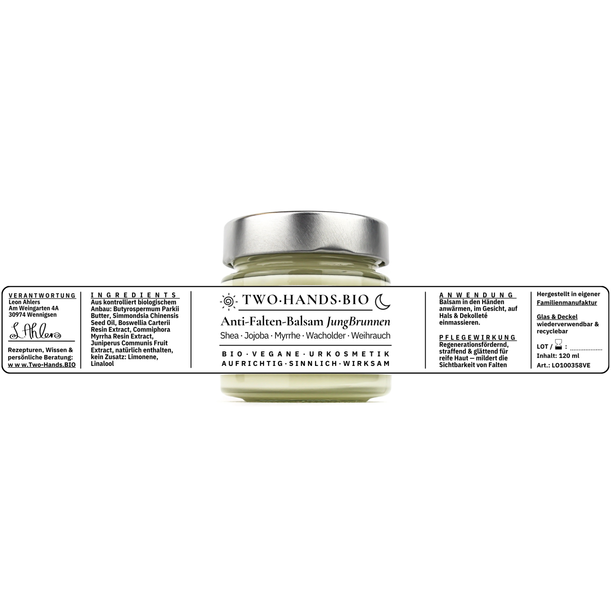 Glastiegel mit Metallverschluss, davor die ausgebreitete Etikett-Banderole mit Ingredients, Anwendung und Pflegewirkung, 120 ml Anti-Falten-Balsam JungBrunnen