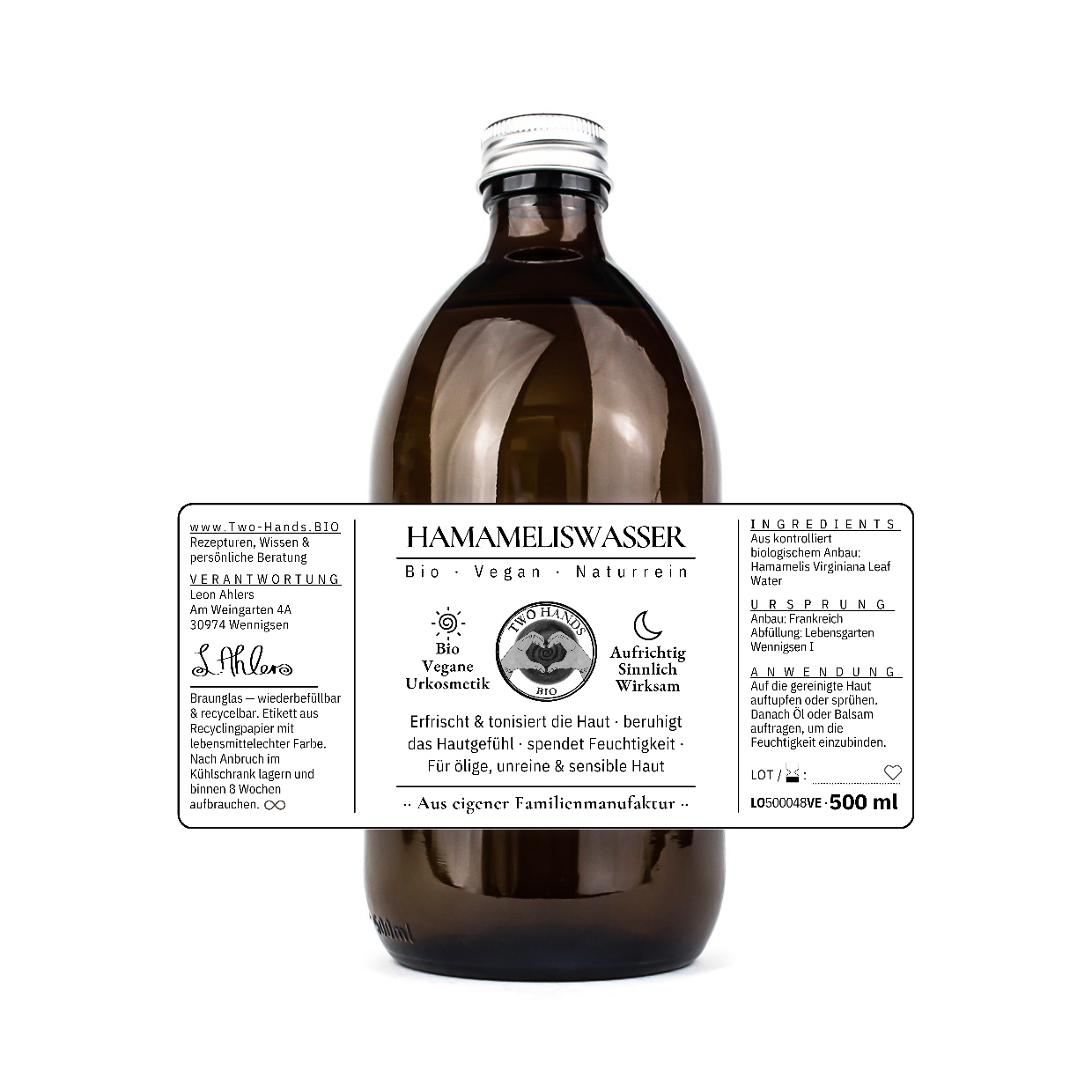 Hamameliswasser, 500 ml: Etikett ausgebreitet mit Inhaltsstoffen, Ursprung und Anwendung
