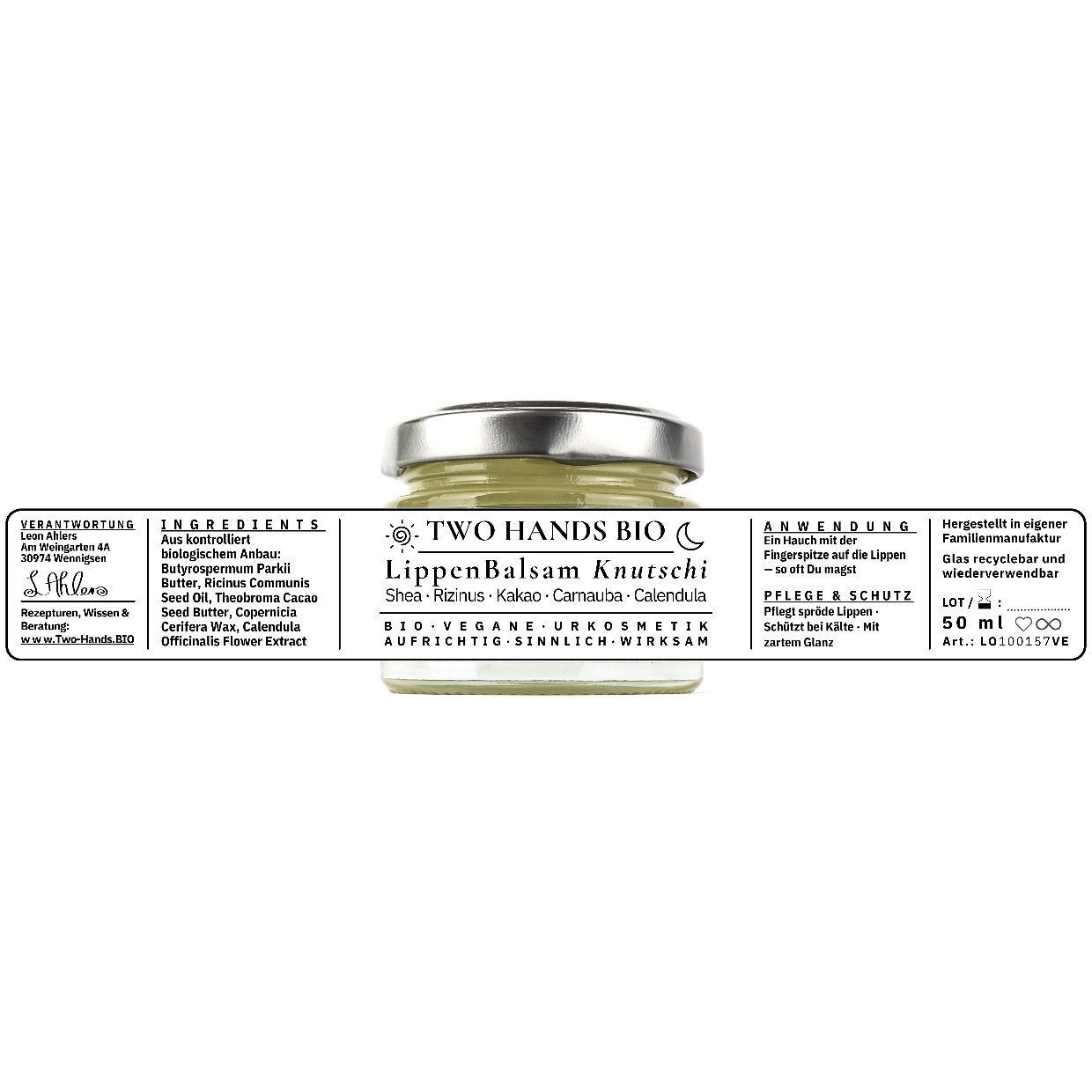 Lippenbalsam KNUTSCHI, Etikett mit Zutaten und Anwendung